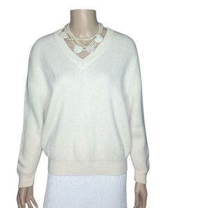 Zara White Wool V-neck Ribbed Sweater